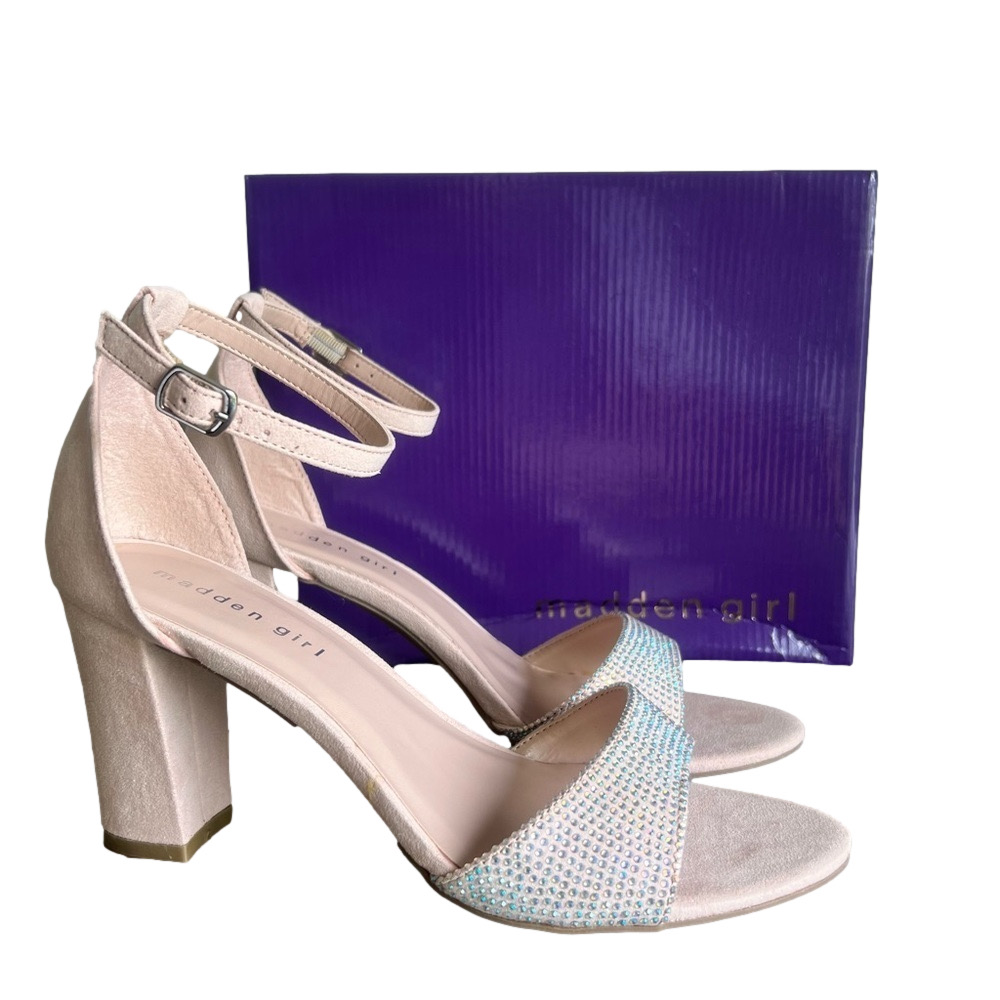 Madden Girl Blush Pink Rhinestone Block Heel Sandals
